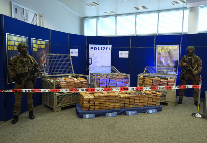German police display 2 tonnes of cocaine seized at the Port of Hamburg in September 2024.