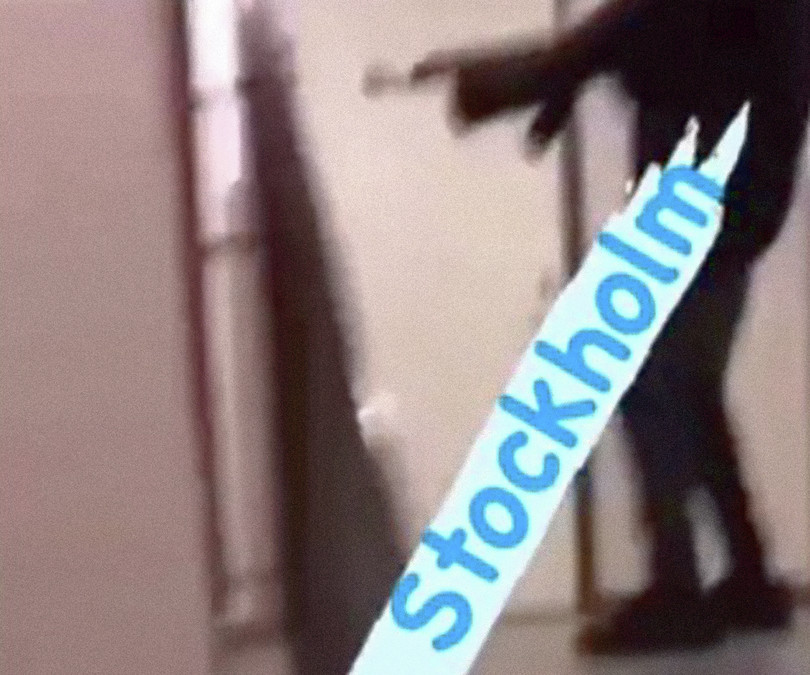Still from video showing an AK-47 assault on an apartment in Stockholm.
