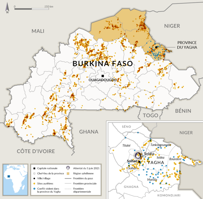 Lieu où a été perpétré l’attentat de Solhan, zones de conflits violents dans la province du Yagha et mines d’or dans le Burkina Faso.
