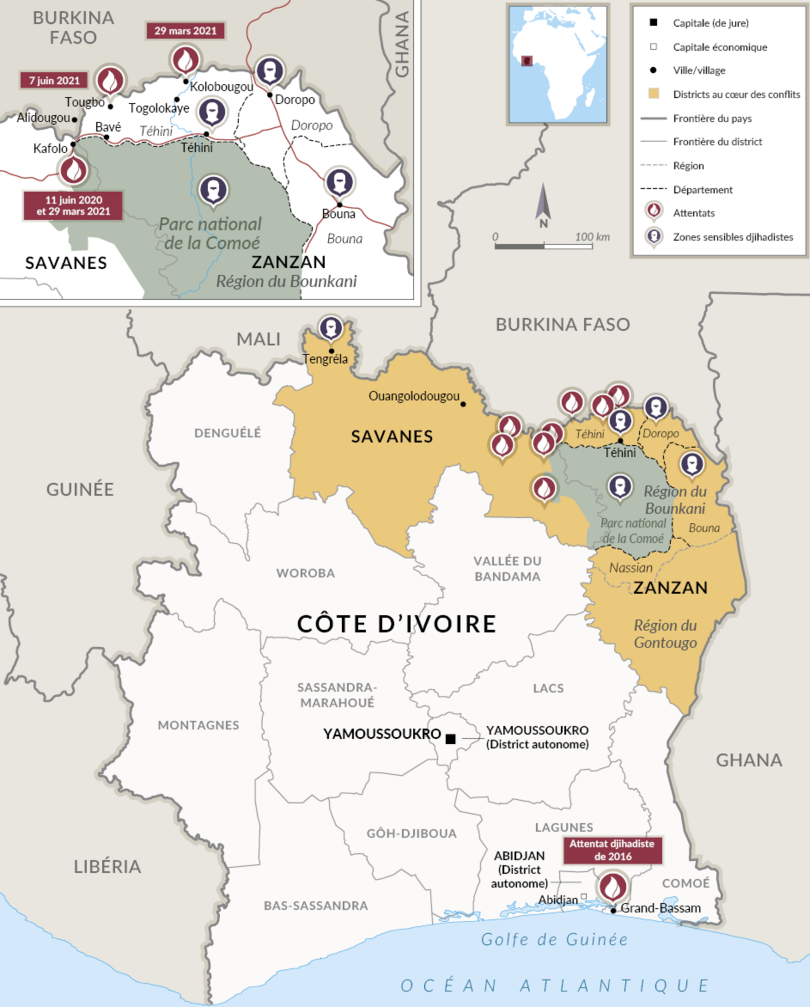 Cibles d’attaques djihadistes en Côte d’Ivoire, 2016-2021.
