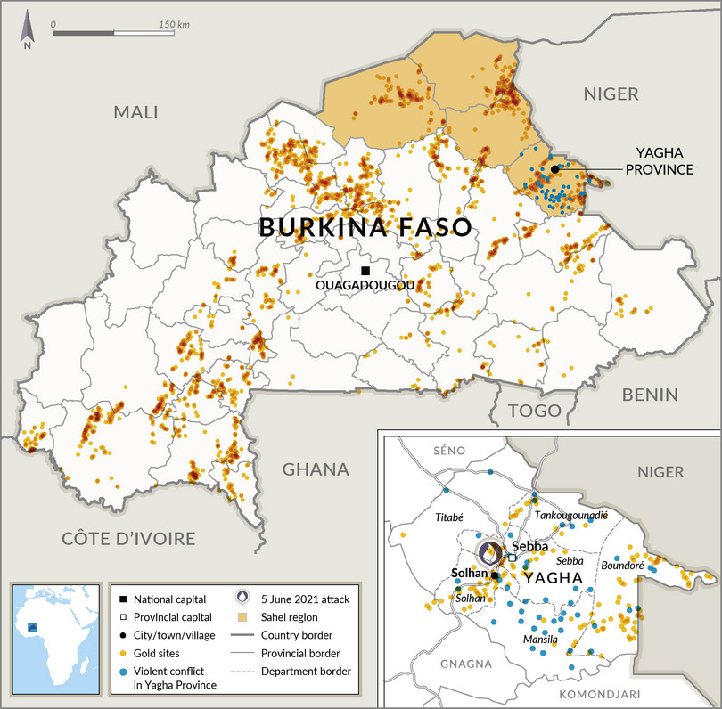 A map showing the location of the Solhan attack, areas of violent conflict in Yagha Province and gold mines across Burkina Faso.
