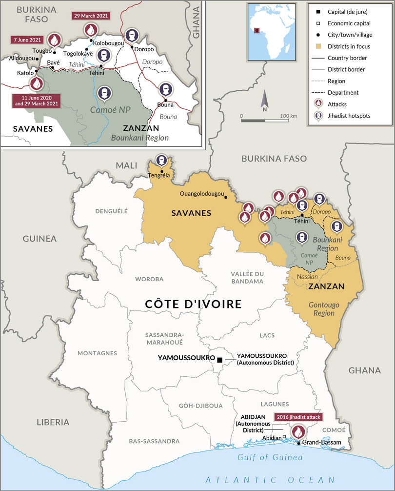 A map of Côte d’Ivoire showing where attacks occured from 2016 to 2021.
