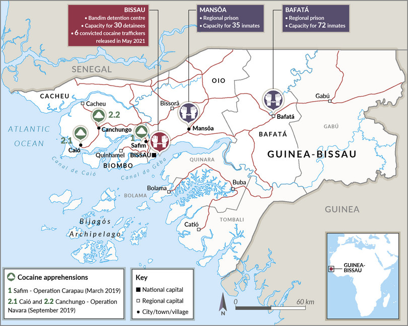 A map of Guinea-Bissau showing the locations of the 2019 cocaine seizures.
