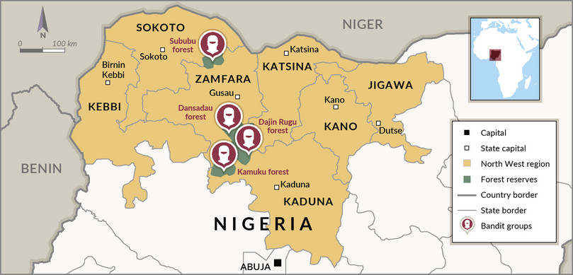A map showing areas of mass kidnappings and raids by bandit groups in north-west Nigeria.
