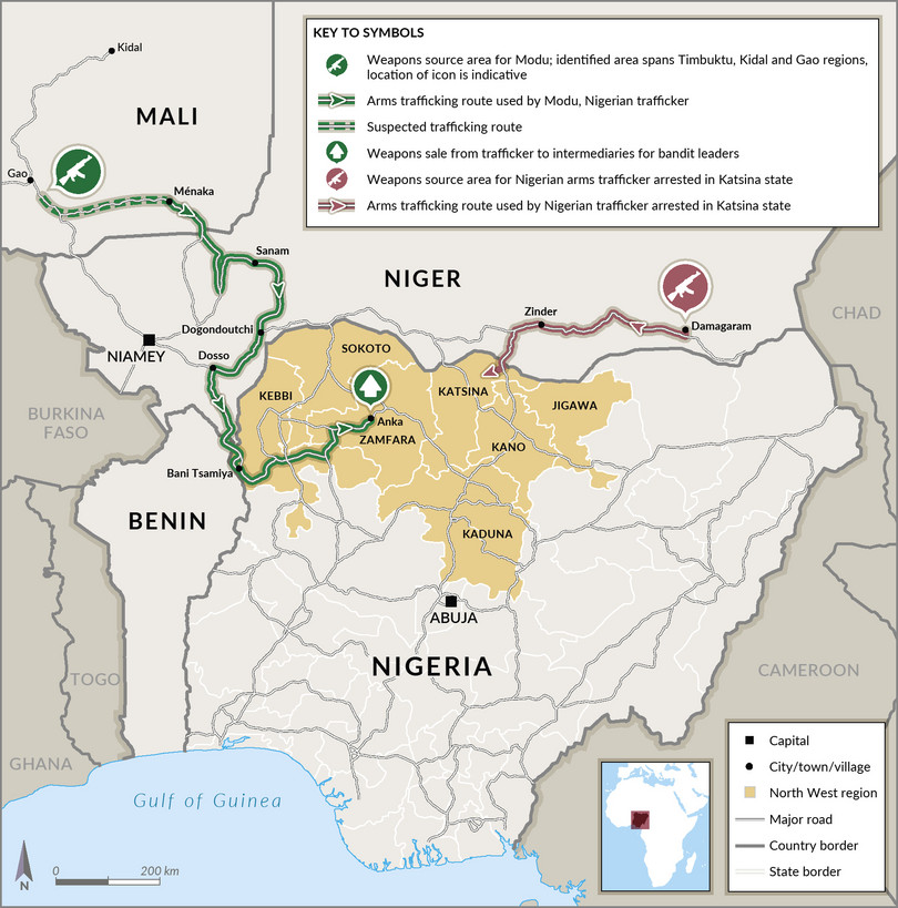 A map of Nigeria showing weapons flows from Mali and Niger.
