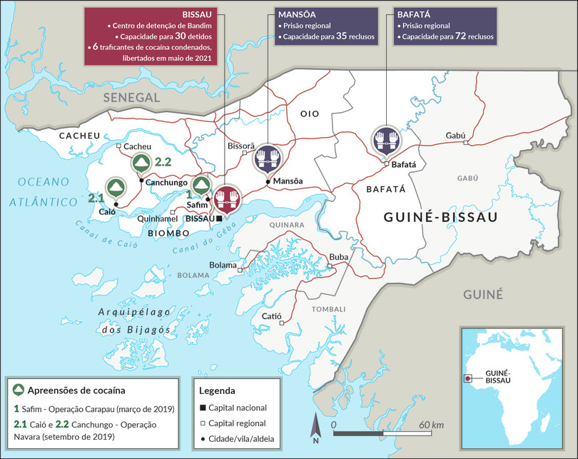 Guiné-Bissau, localização das apreensões de cocaína em 2019.
