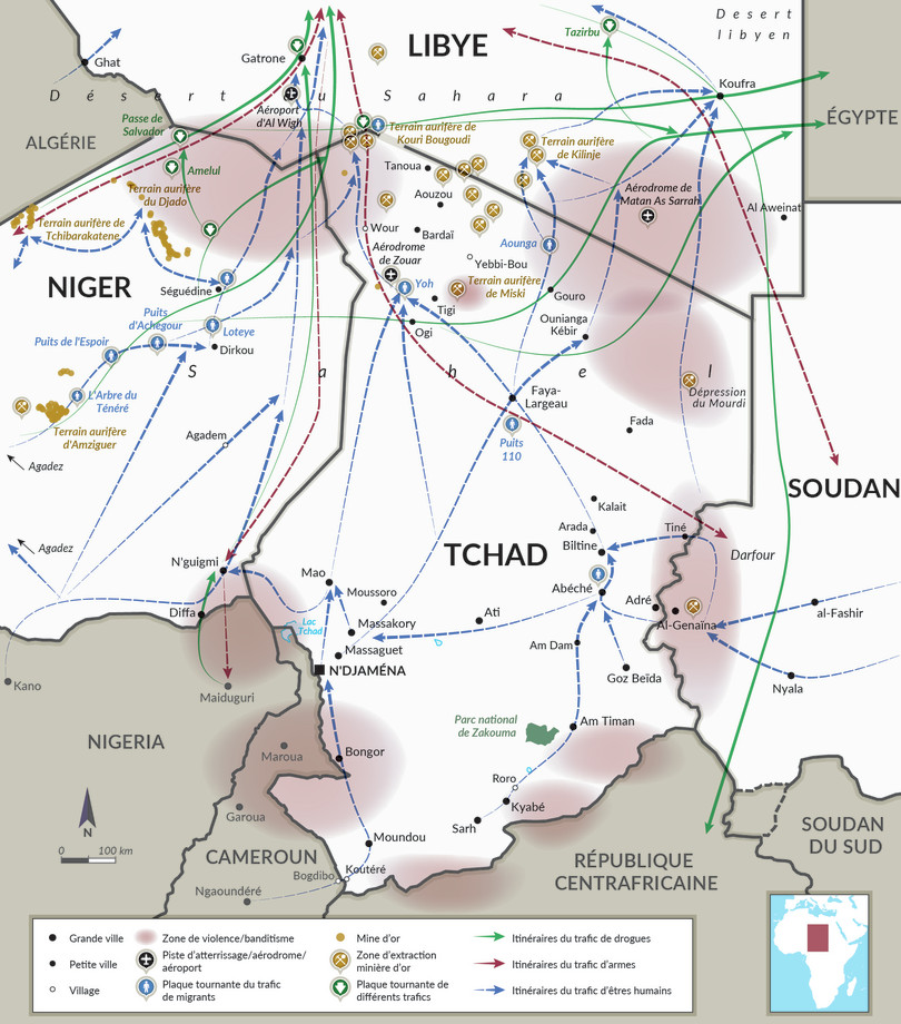 Zones d’extraction minière d’or au Tchad et itinéraires régionaux des trafics.
