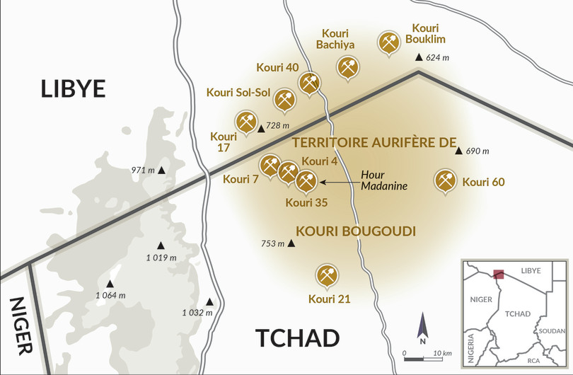 Principales mines d’or du territoire aurifère de Kouri Bougoudi, dans le nord du Tchad.

