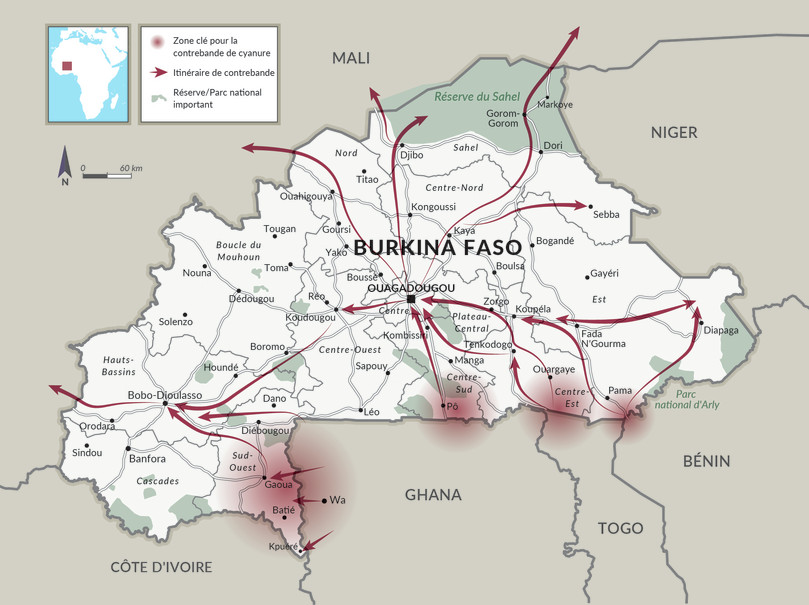 Principaux itinéraires de contrebande de cyanure vers le Burkina Faso et dans le pays.
