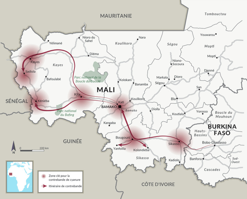 Principaux itinéraires de contrebande de cyanure depuis le Burkina Faso vers le Mali.
