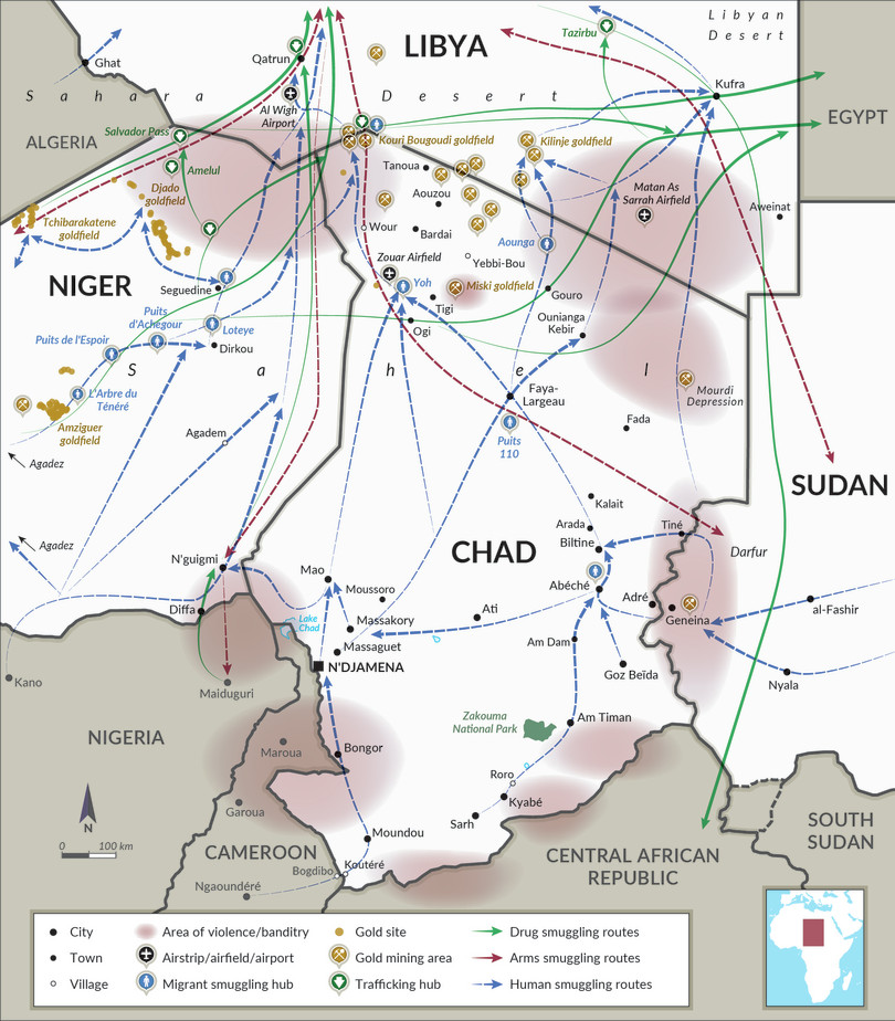 Gold mining areas in Chad, together with regional smuggling and trafficking routes.
