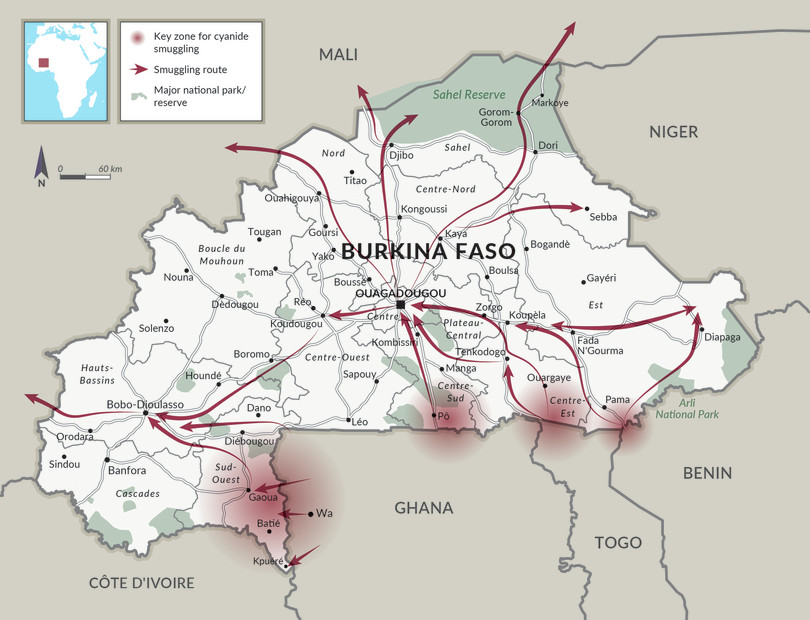 Main routes of cyanide smuggling into and within Burkina Faso.

