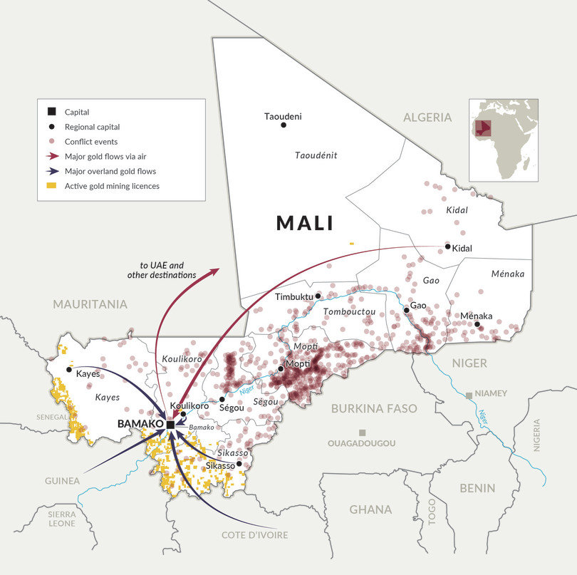 Mali’s active gold mining licences, security incidents and key supply-chain routes through Bamako.
