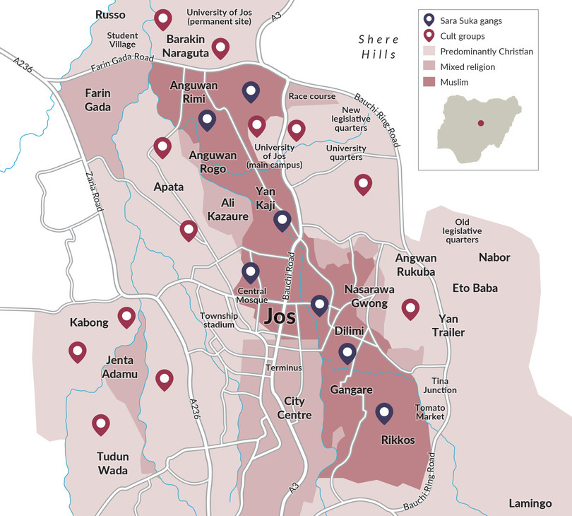 Religious divisions and criminal group territory in Jos.
