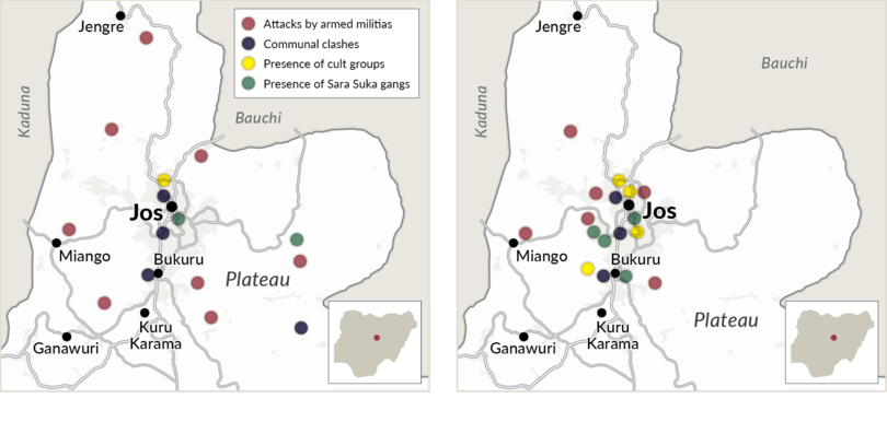 Attacks by rural-based militias and communal clashes in Jos.
