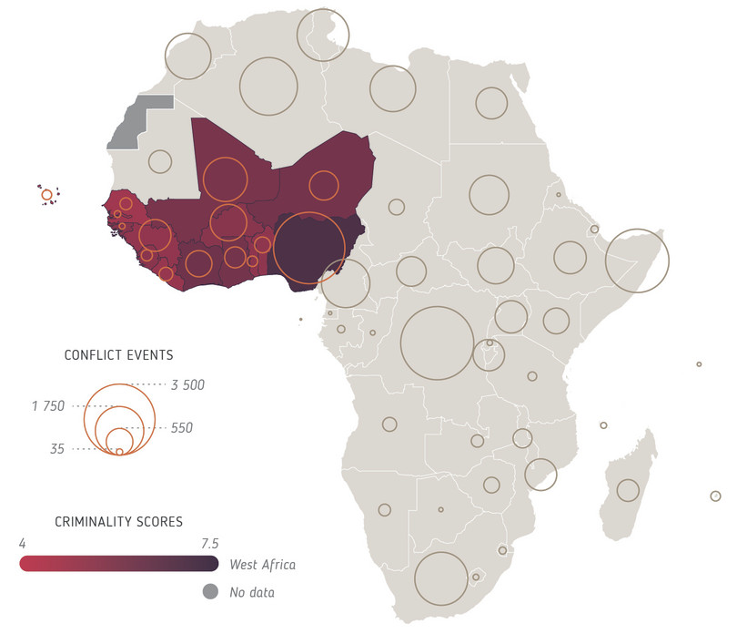 Conflict events and country criminality scores across West Africa.
