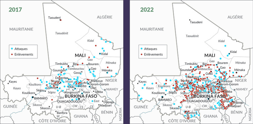 Incidents violents au Mali et au Burkina Faso, 2017 par rapport à 2022.
