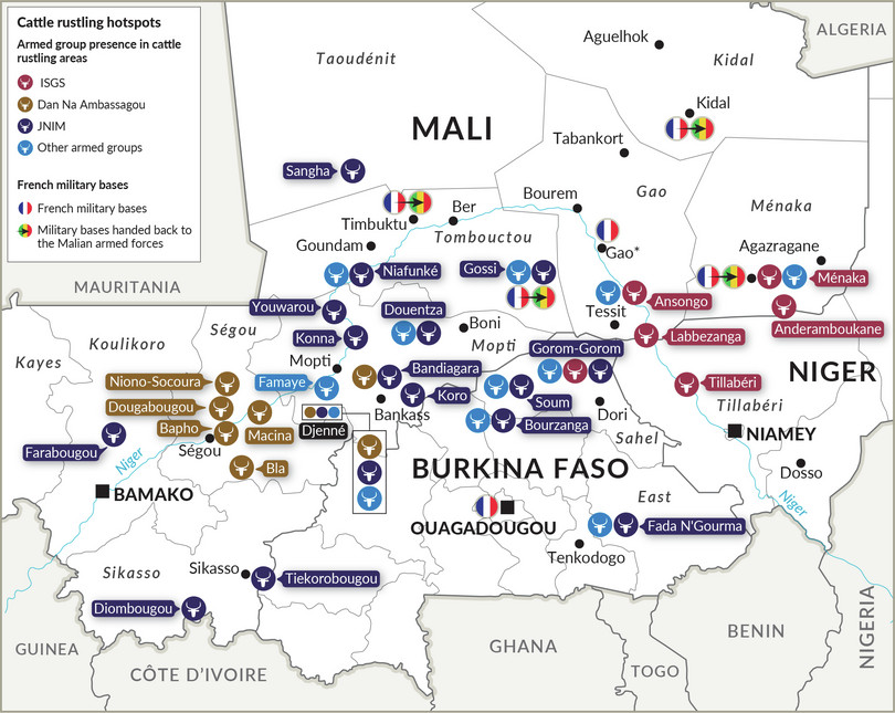 Cattle-rustling hotspots and the presence of armed groups and international forces.
