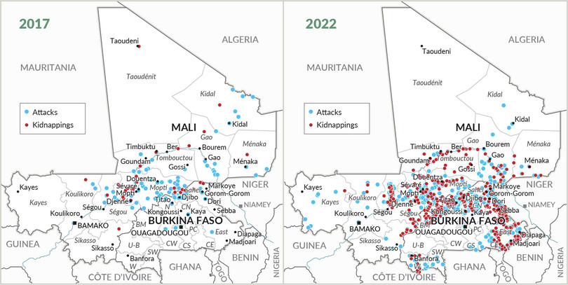 Violent incidents in Mali and Burkina Faso, 2017 versus 2022.
