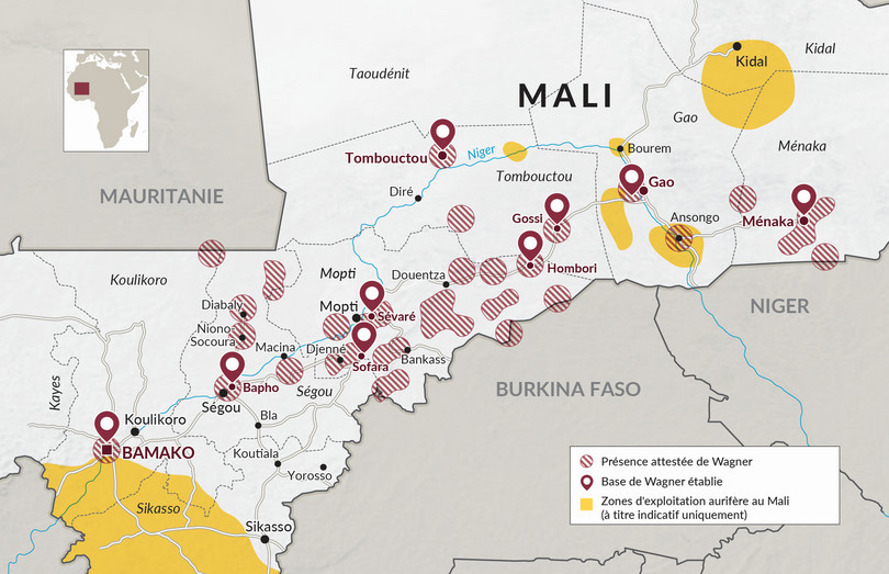 Les zones d’opération du groupe Wagner au Mali.
