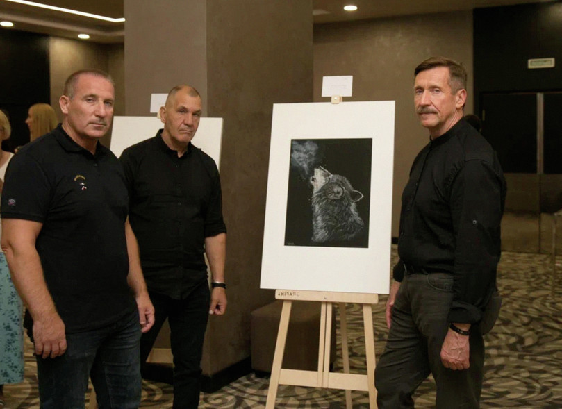 Viktor Bout (à droite) et Maxim Shugalei (au centre) font une apparition publique lors d’une exposition d’art en août 2023, présentant quelques-unes des œuvres d’art de Bout qu’il a produites pendant sa détention aux États-Unis. Dmitry Grachyov, député de l’assemblée législative de la région d’Oulianovsk pour le même parti d’extrême droite que Bout, le LDPR, apparaît sur le côté gauche de l’image.
