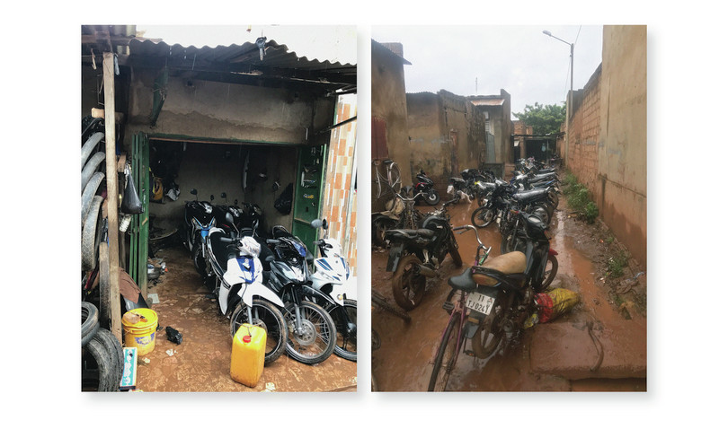 Motos dans le quartier du Théâtre Populaire de Ouagadougou, connu pour ses magasins de véhicules et de pièces détachées. Selon certaines informations, les motos volées sont souvent conduites dans des magasins de la région pour y être modifiées et revendues, même si la plupart des boutiques de la région répondent aux besoins du marché légal.
