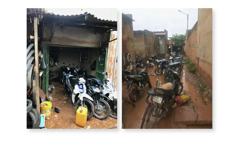 Motorbikes in the Theatre Populaire district of Ouagadougou, known for its vehicle and parts shops. Reportedly, stolen motorbikes are frequently taken to shops here for modification and resale, even though most businesses in the area serve the licit market.
