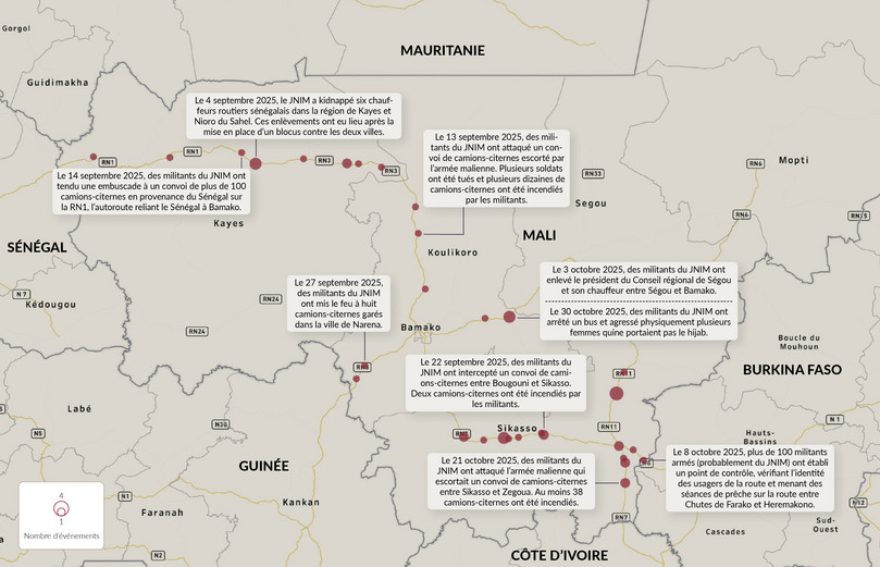 Principales attaques du JNIM sur les routes principales du sud et du sud-ouest du Mali, de juillet à octobre 2025.
